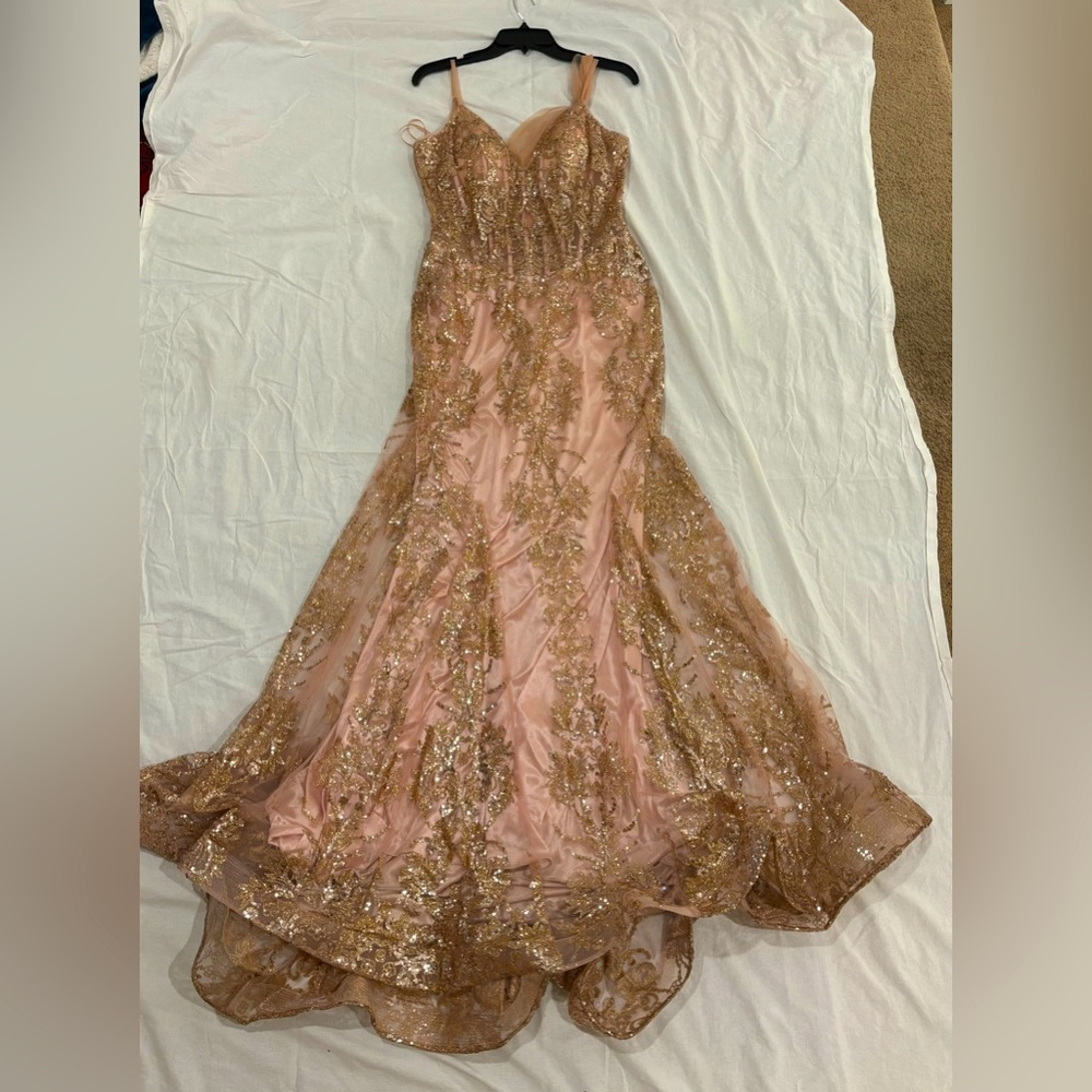 Long formal gown. Pink and gold with lots of glitter. Size 12.